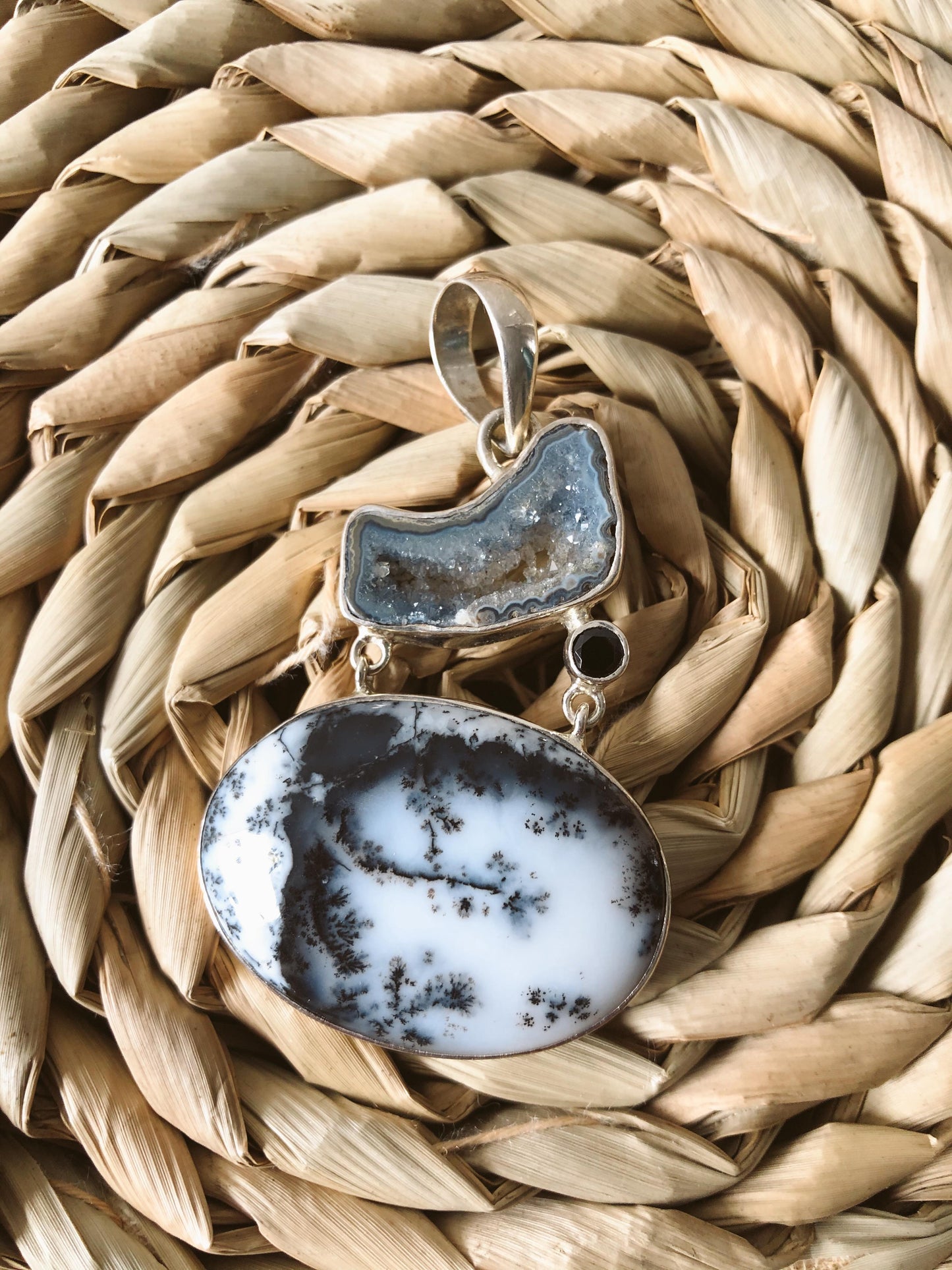 Dendritic Agate Statement Pendant- Blue Druzy
