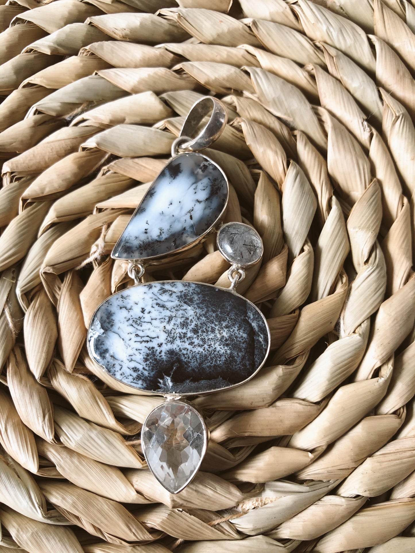 Dendritic Agate Statement Pendant- Half Moon