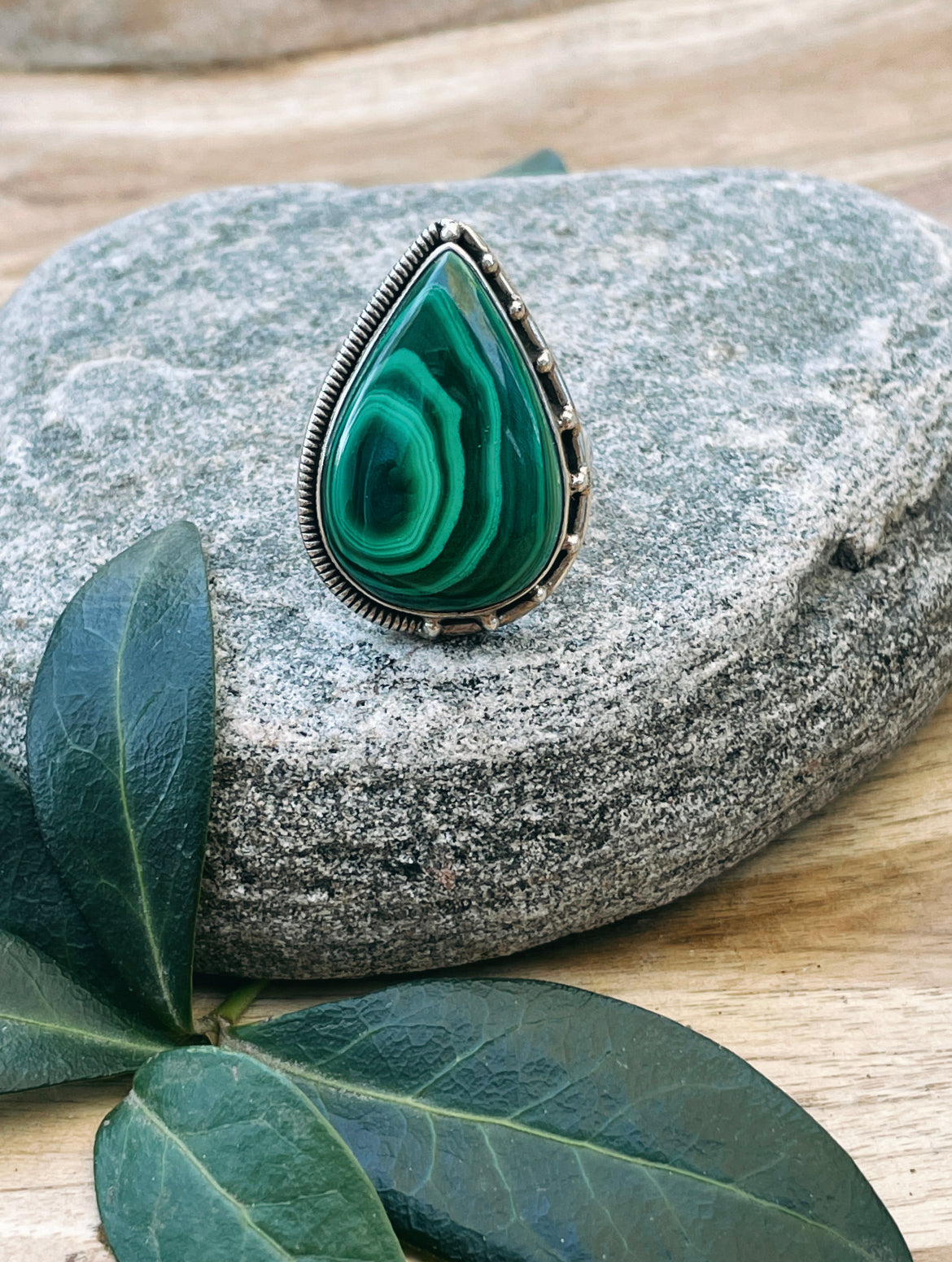 Slightly Adjustable Tear Malachite Ring (Size 8)