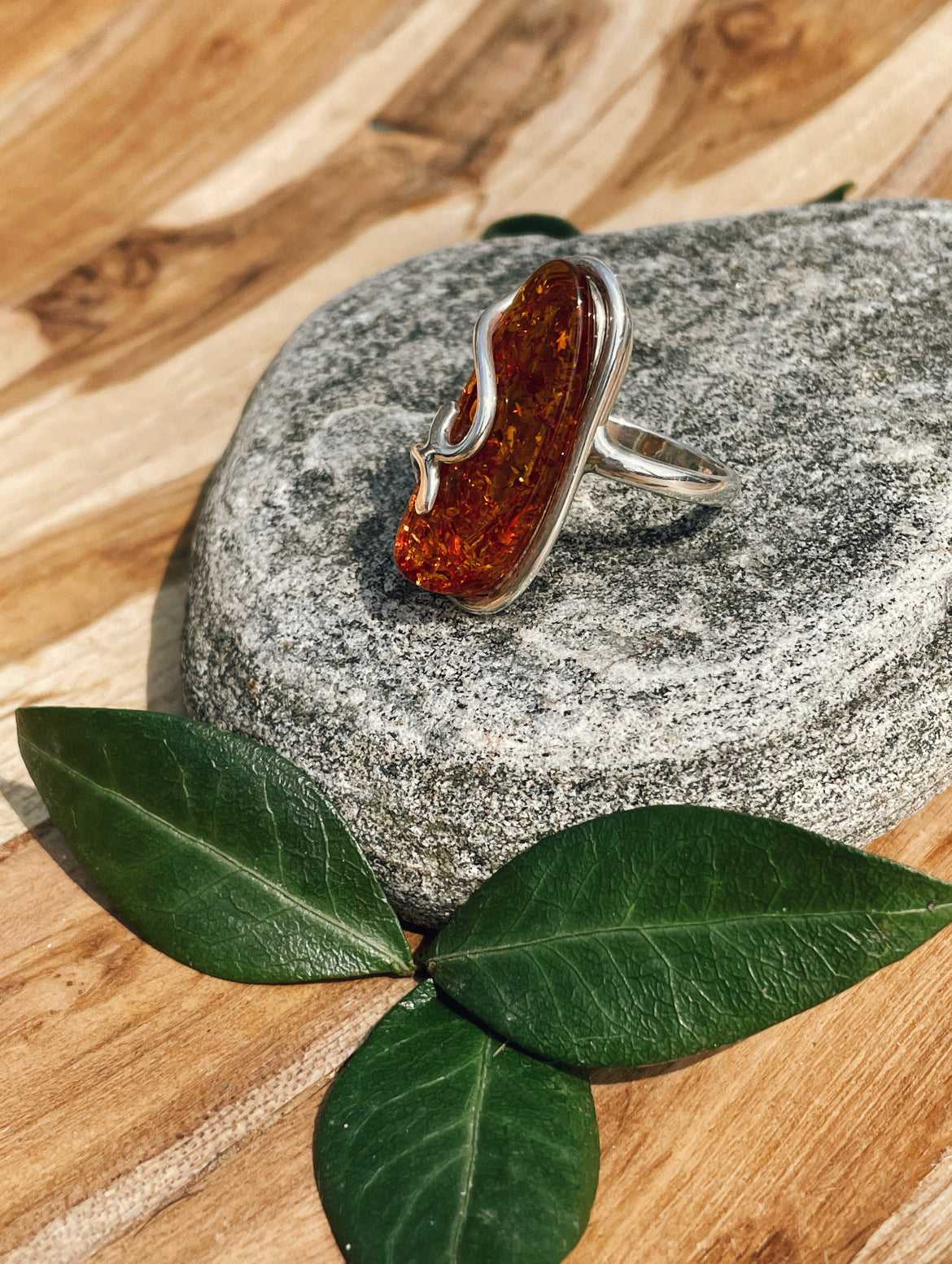 Captured Sun Amber Ring (Size 7.5)