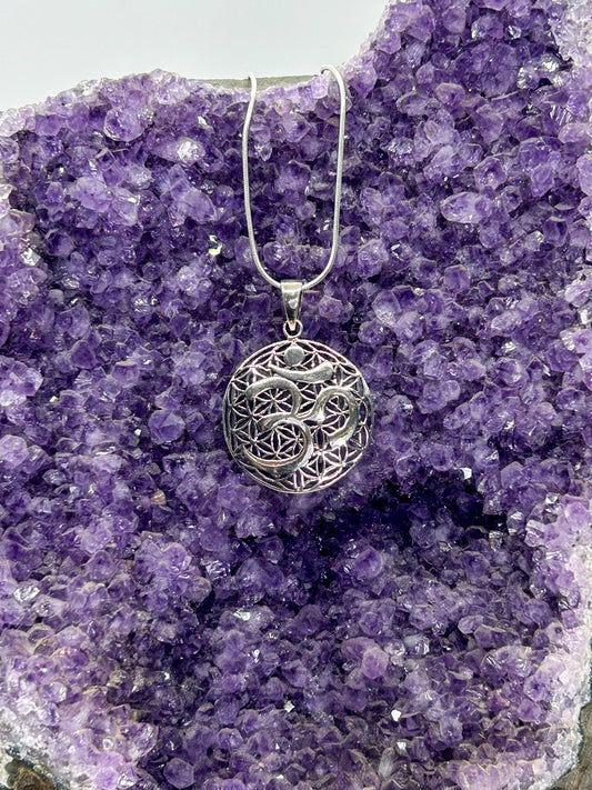 Sterling Silver Flower Om Pendant