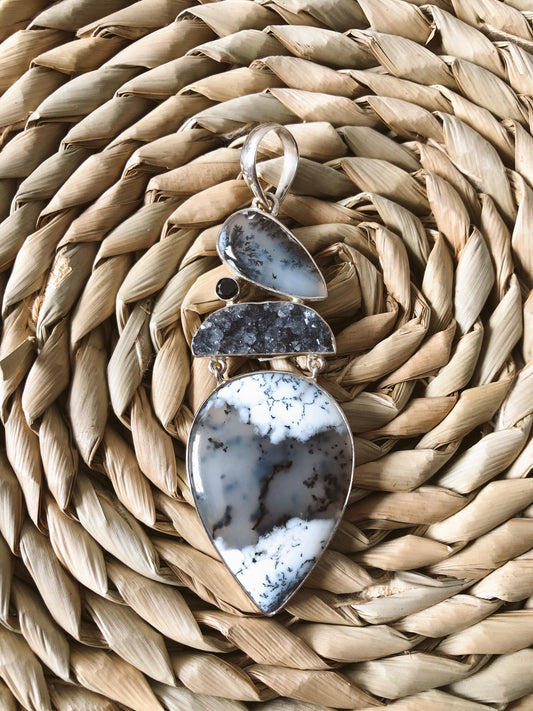 Dendritic Agate Statement Pendant- Snowy Owl