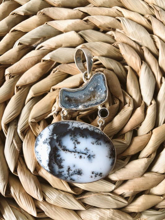 Dendritic Agate Statement Pendant- Blue Druzy
