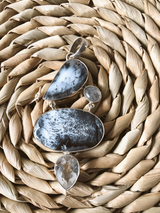Dendritic Agate Statement Pendant- Half Moon