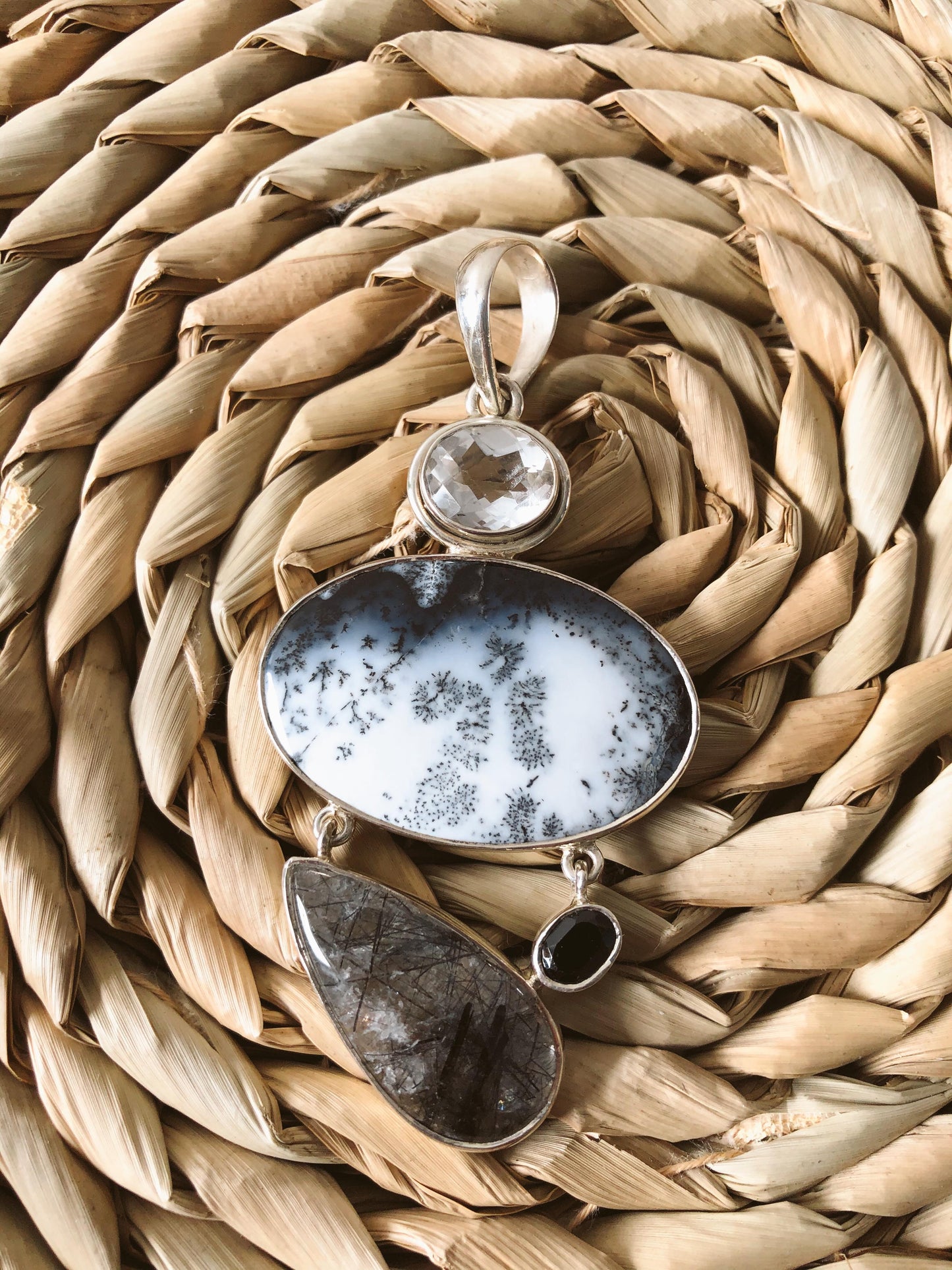 Dendritic Agate Statement Pendant- Snowscape