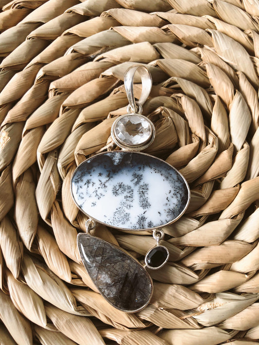 Dendritic Agate Statement Pendant- Snowscape
