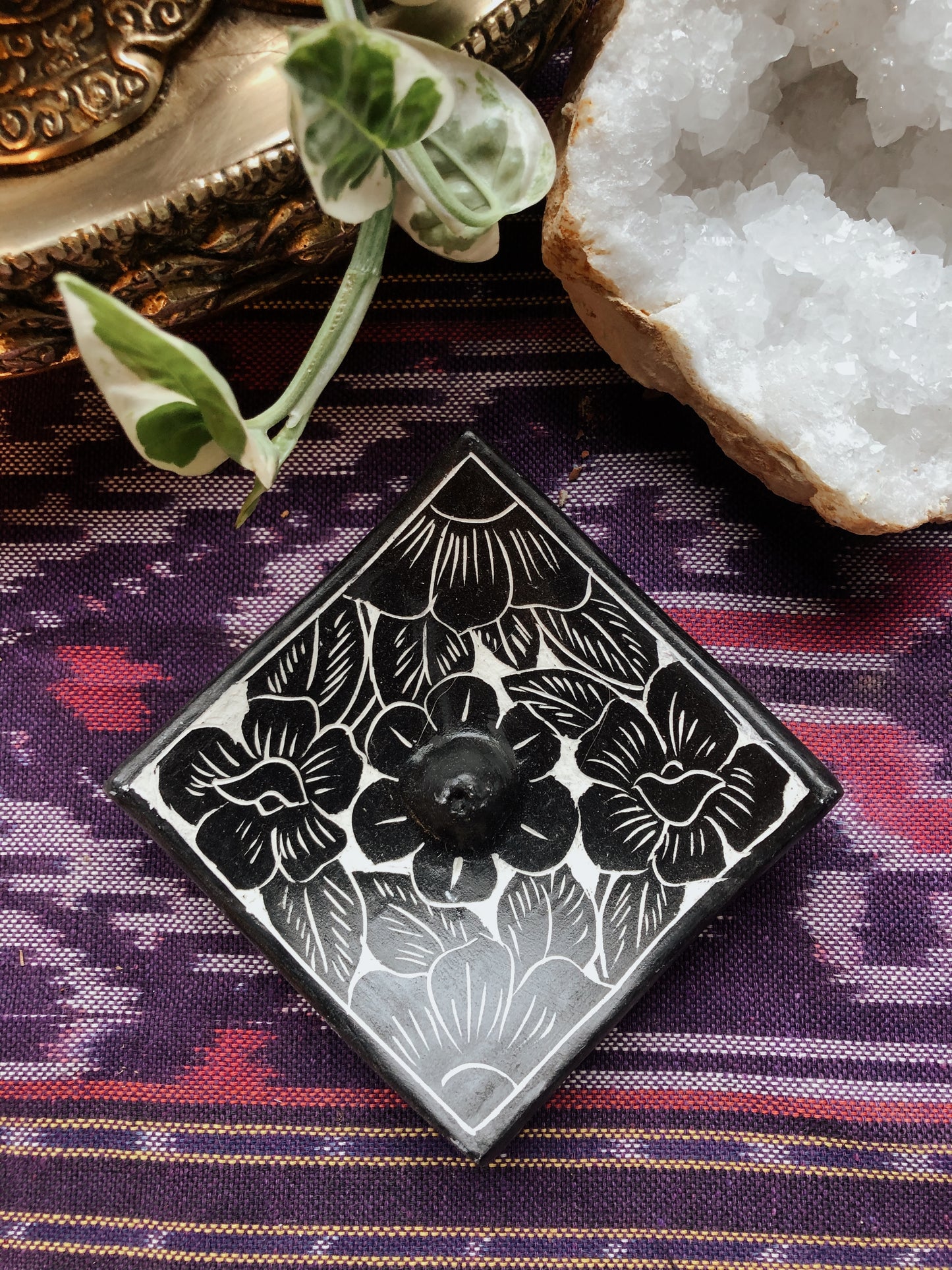 Black Ceramic Incense Burner- Flower Power