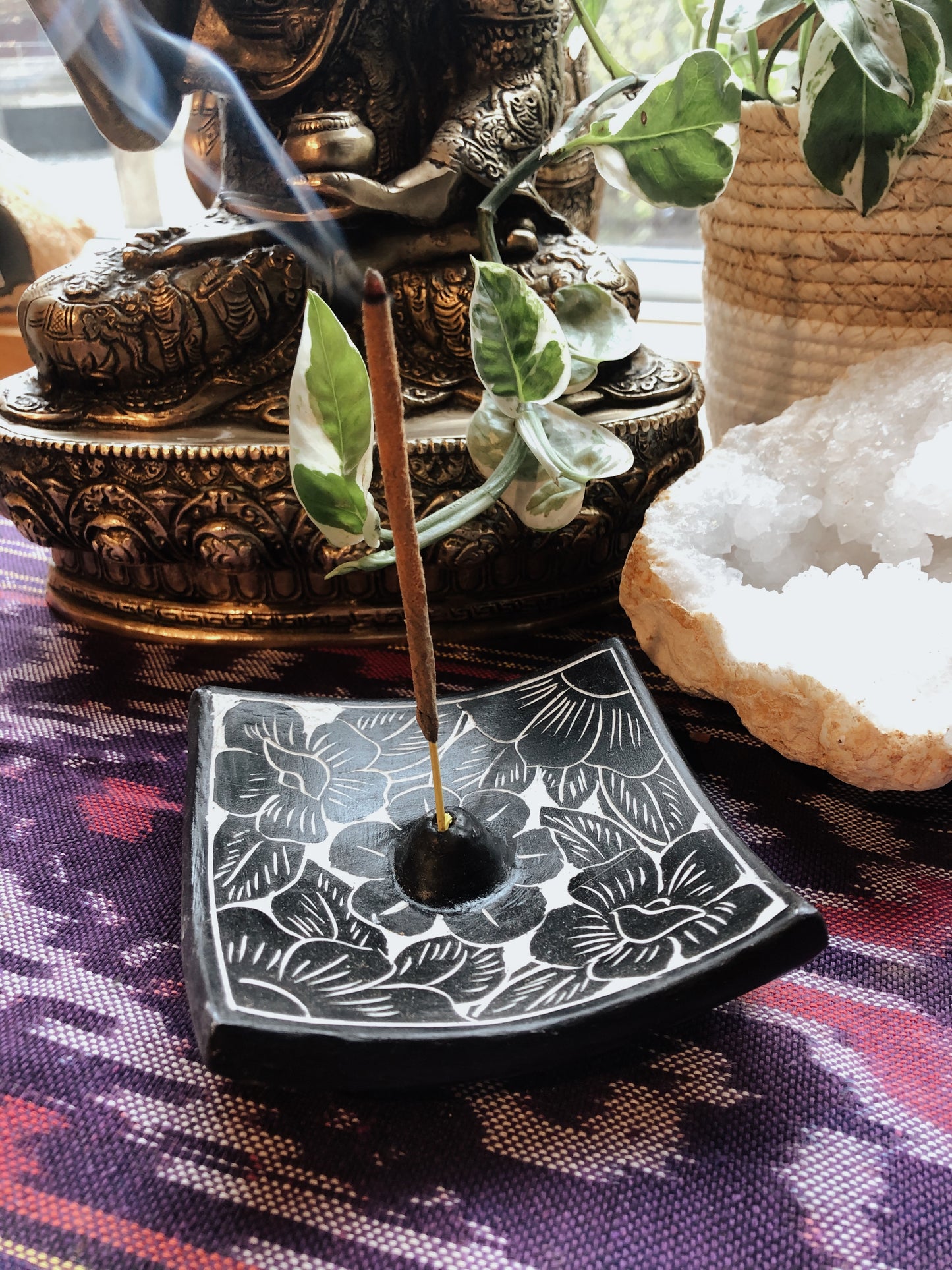 Black Ceramic Incense Burner- Flower Power