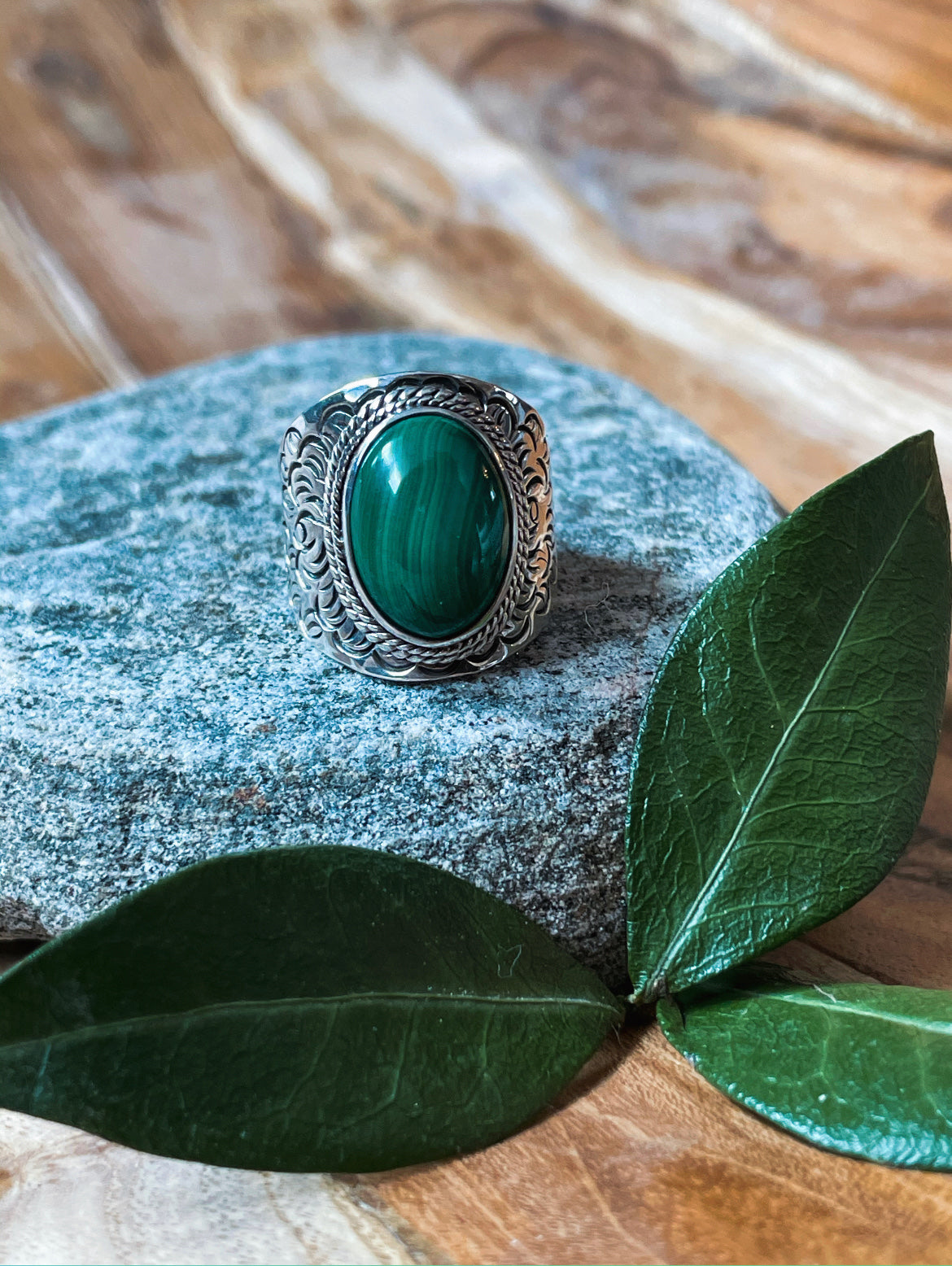 Heart's Flame Malachite Ring (size 6)