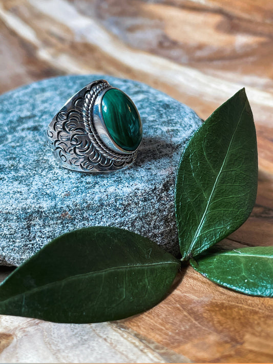 Heart's Flame Malachite Ring (size 6)