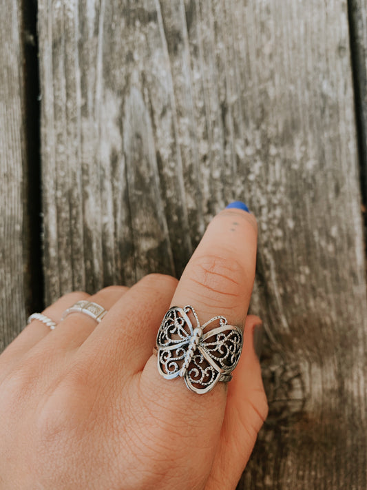 Sterling Silver Detailed Butterfly Ring