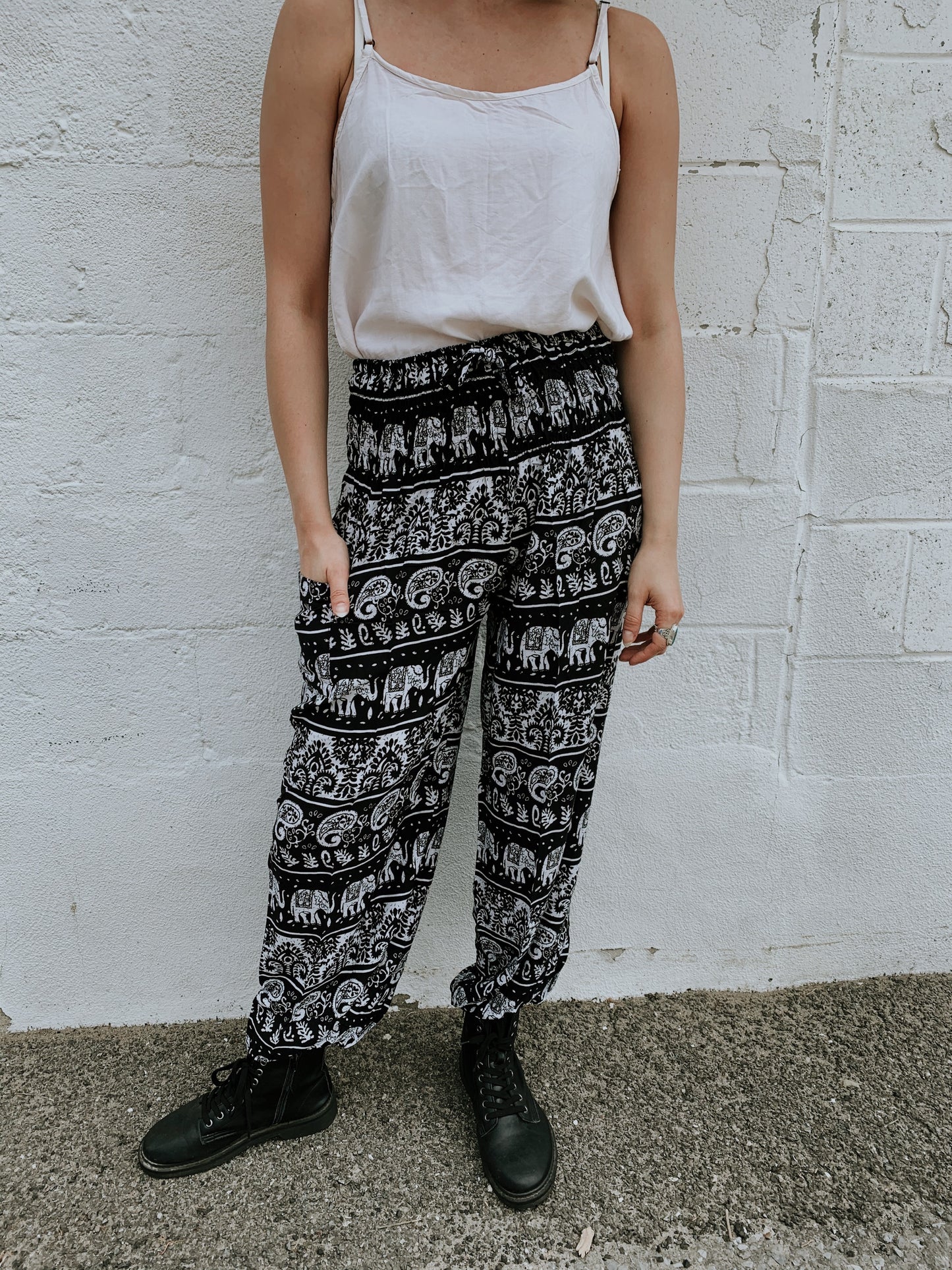 Genie Pants- Black & White Elephants