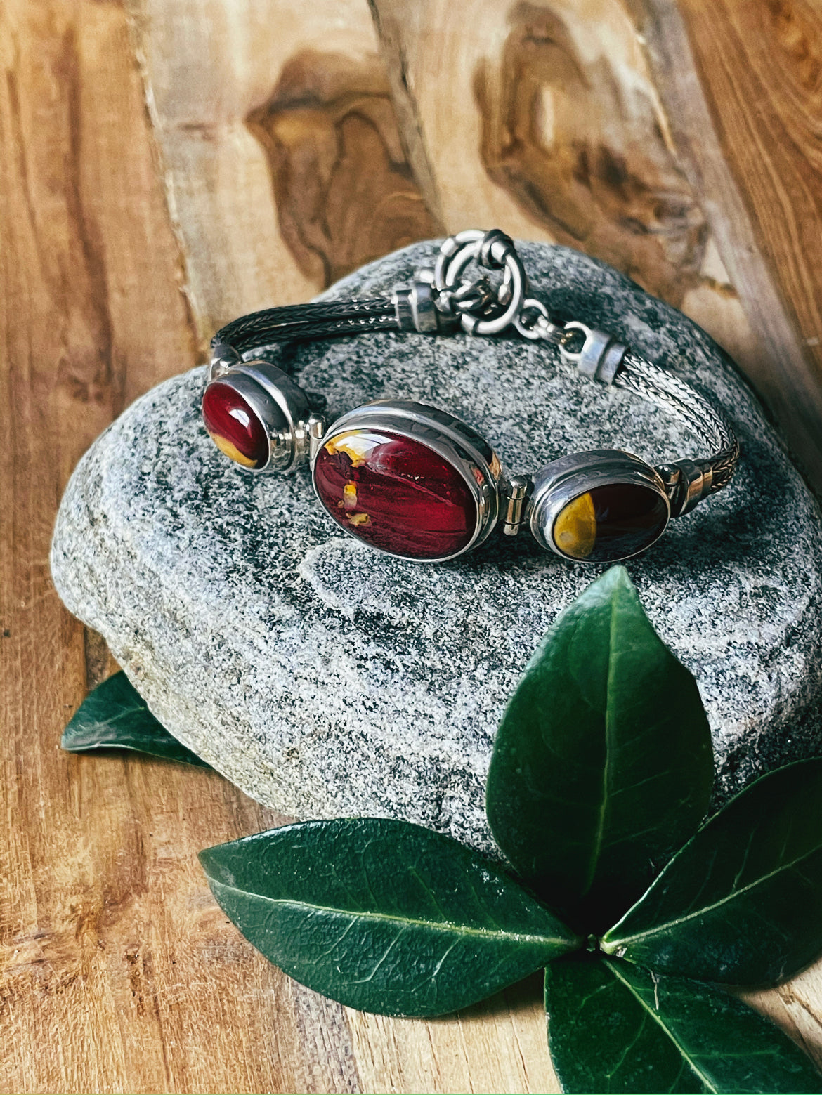 Tri-Stone Mookaite Sterling Silver Bracelet