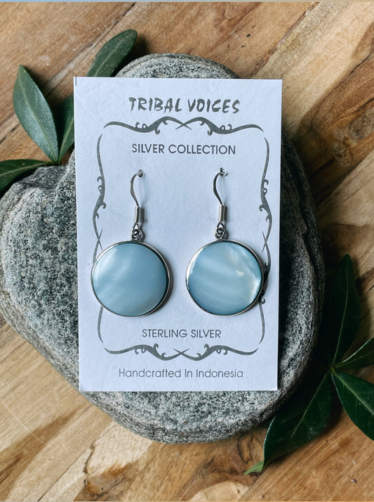 Circle Satin Blue Mother of Pearl Earrings