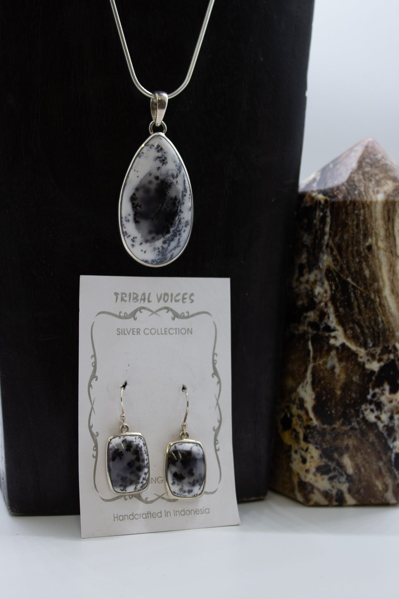 Dendritic Agate Teardrop Jewelry Set