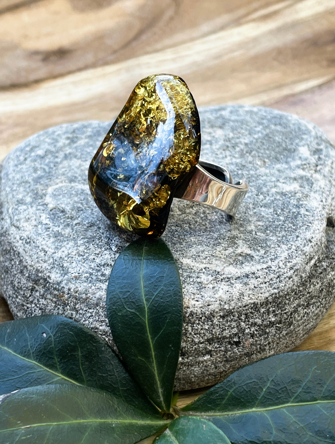 Large Polished Freeform Amber Ring (Size 8.5)